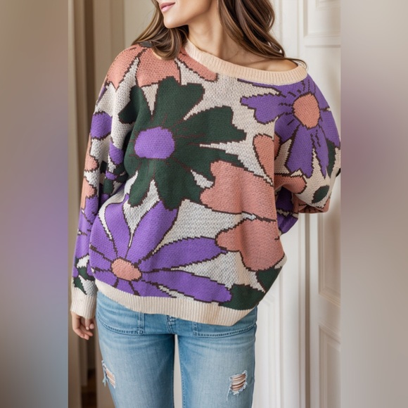 Flower Round Neck Dropped Shoulder Sweater - Picture 1 of 3